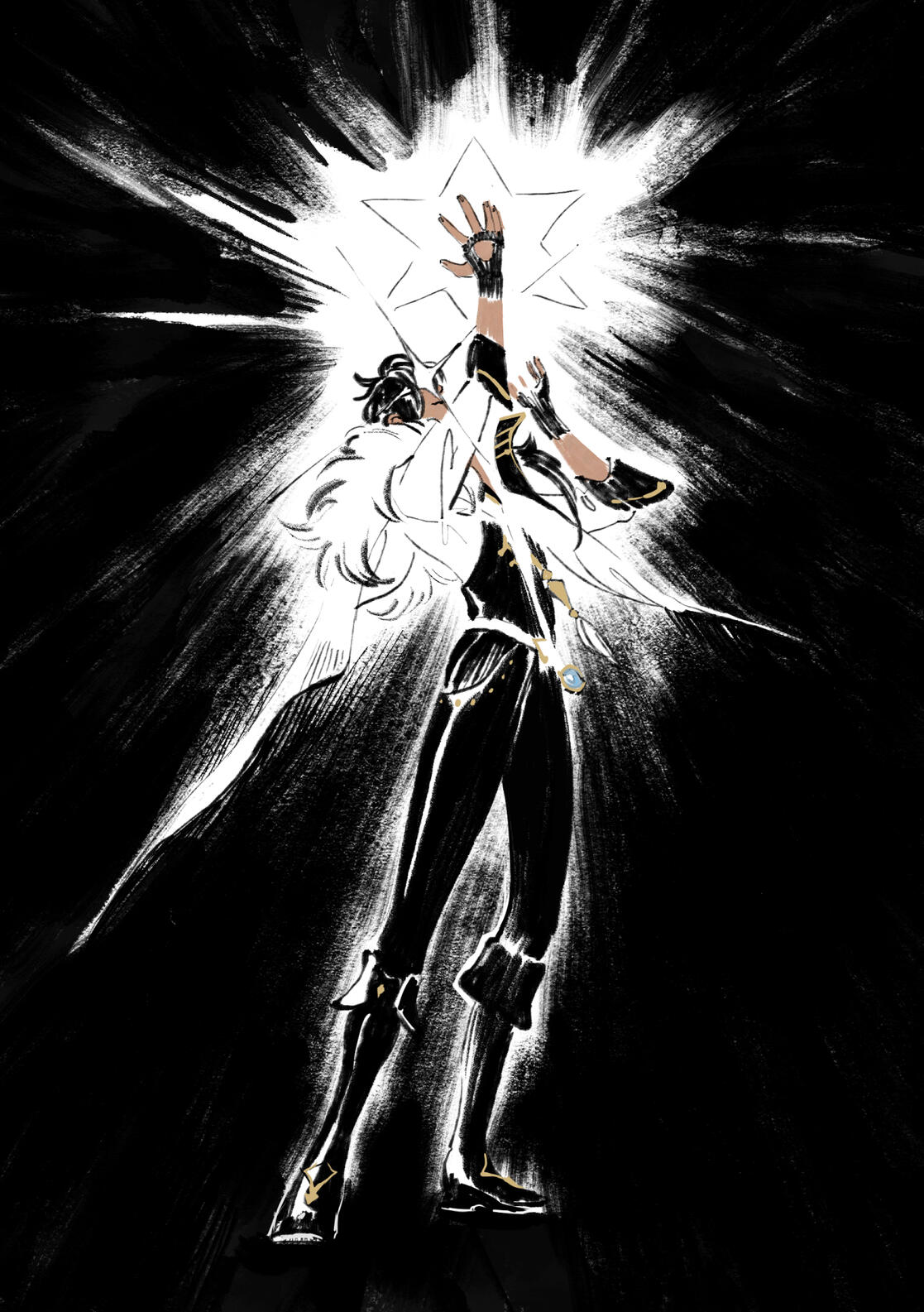 An illustration of Kaeya Alberich reaching up toward a six-pointed star. He is shrouded in a black darkness, and the star glows a blinding white.